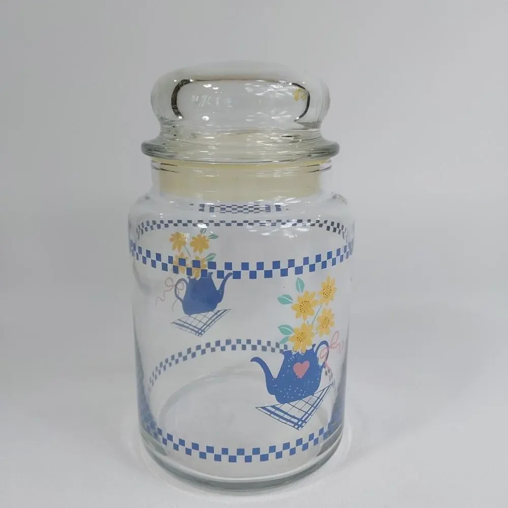 Vintage Hallmark 1986 Glass Cannister Blue‎ Teapot Pink Heart Yellow Daisy